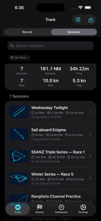 The SailStats sessions library with search, filters and a summary header