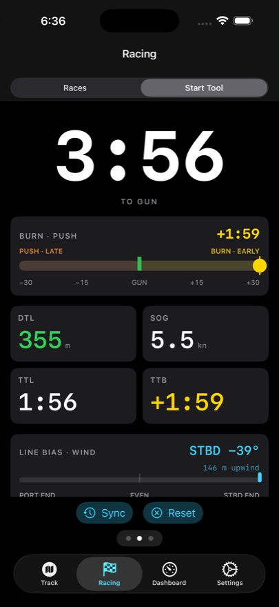 The SailStats start countdown showing time to the line and time to burn